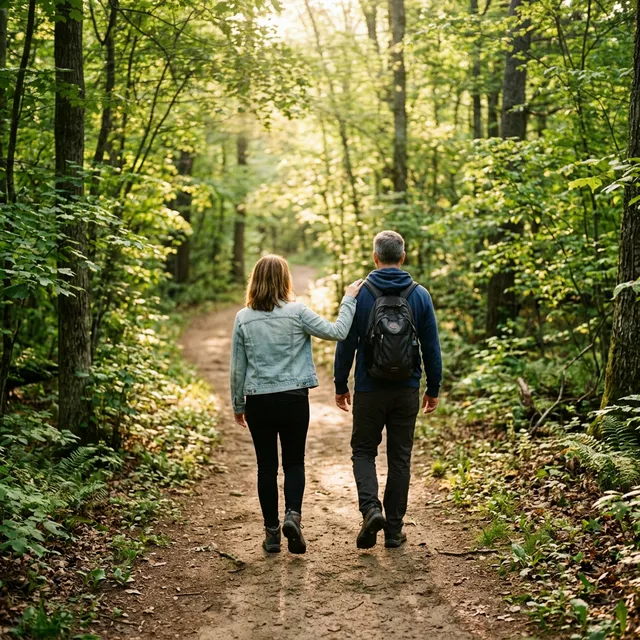 Two people walking together on a forest trail, representing the journey of recovery support