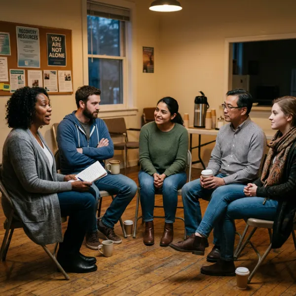 Support group sharing during an addiction recovery meeting